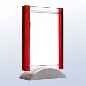 Crystal plaque award with red glass edges on silver base, ideal for corporate recognition or employee achievement.