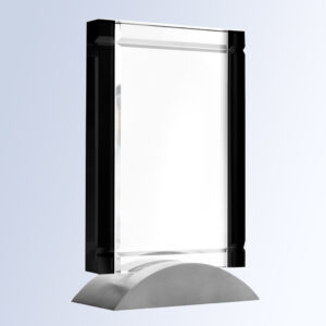 Crystal plaque with black accents on a silver curved base, blank for engraving; ideal for corporate or employee recognition.