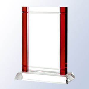 Crystal trophy with bold red edges on angled glass base, ideal for corporate or employee achievement recognition.