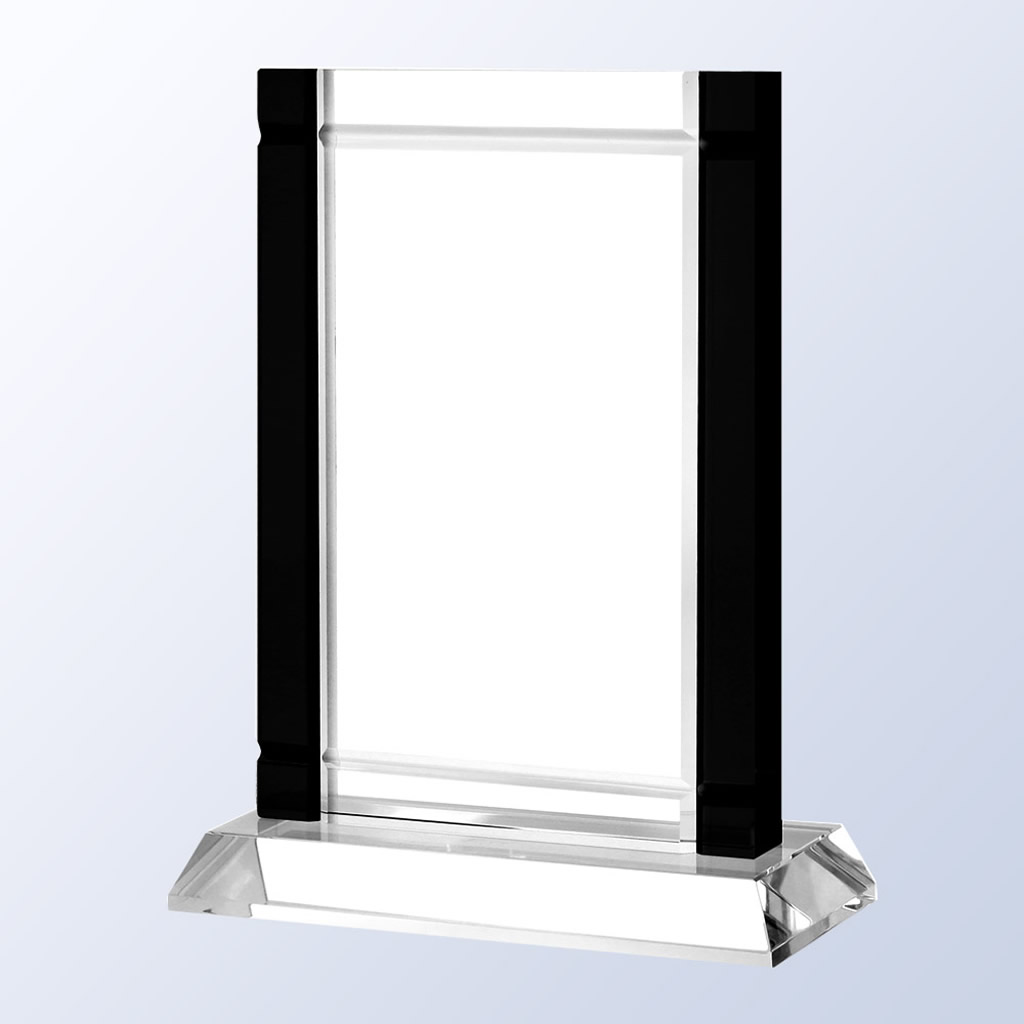 Crystal award plaque with black side accents, faceted glass base; ideal for corporate or employee recognition.