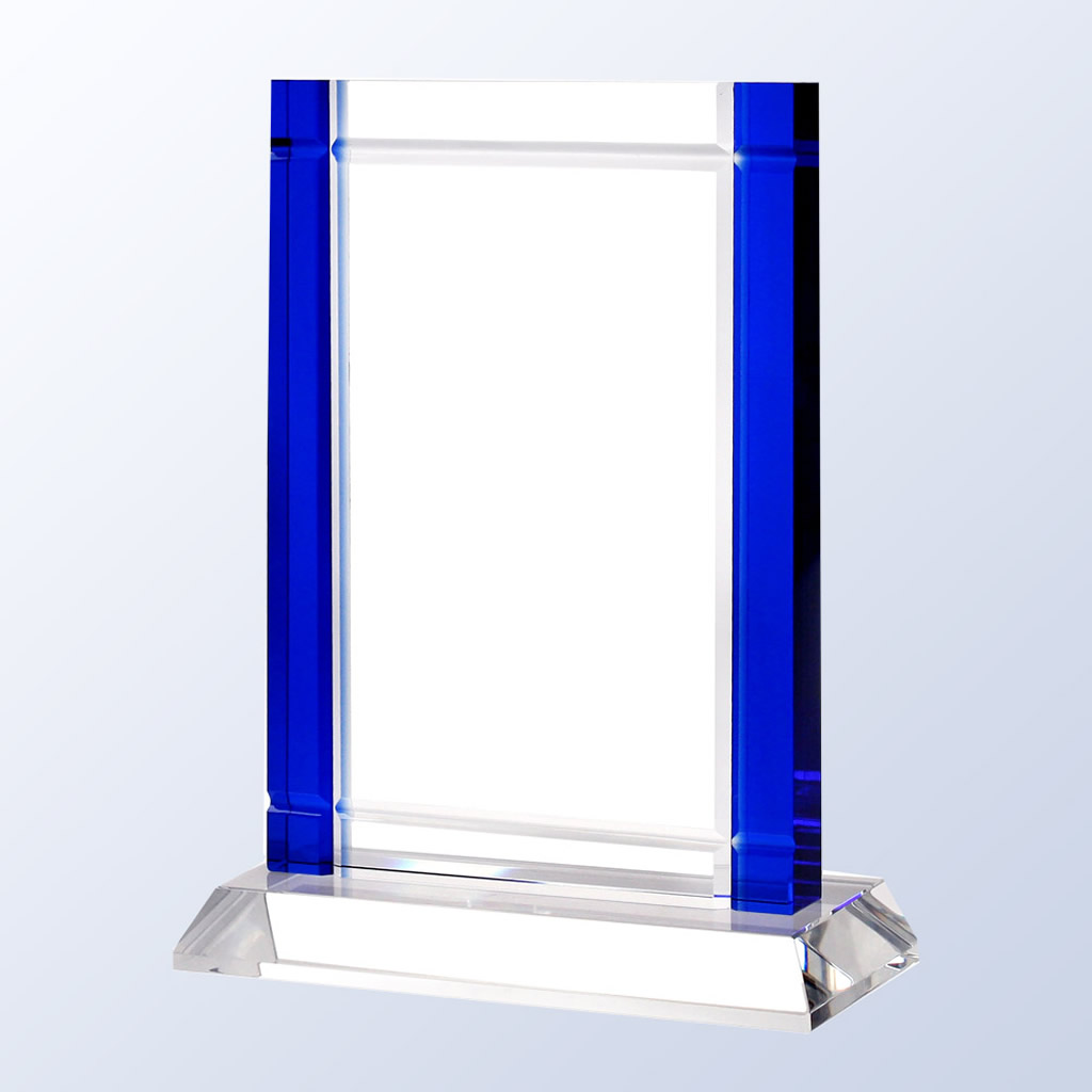 Crystal award plaque with blue side accents on a clear base, ideal for corporate or employee recognition engraving.