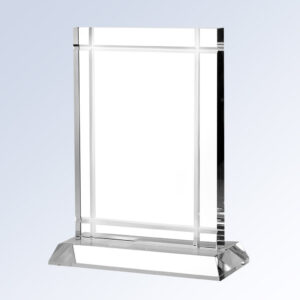 Rectangular crystal plaque award with beveled edges on angled base, ideal for corporate recognition or milestone achievements.