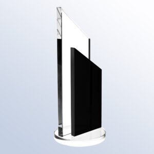 Crystal trophy with geometric glass and black acrylic design on clear base, ideal for corporate or employee achievement awards.