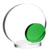 Circular crystal trophy with green accent base on clear stand, ideal for corporate or employee recognition.
