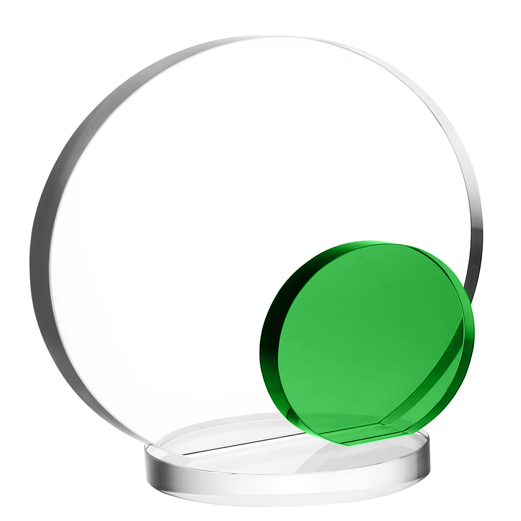 Circular crystal trophy with green accent base on clear stand, ideal for corporate or employee recognition.