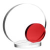 Crystal trophy with circular acrylic design, red accent, and clear base; ideal for corporate or employee recognition.