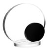 Circular crystal award trophy with black accent on base, ideal for corporate or employee recognition, displayed on white background.