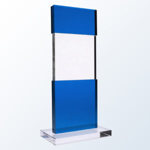 Crystal trophy with blue tiered accents on a clear base, ideal for corporate or employee achievement recognition.