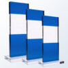 Crystal trophy with blue-tinted top and base, clear center, on a clear rectangular base for corporate or employee recognition.