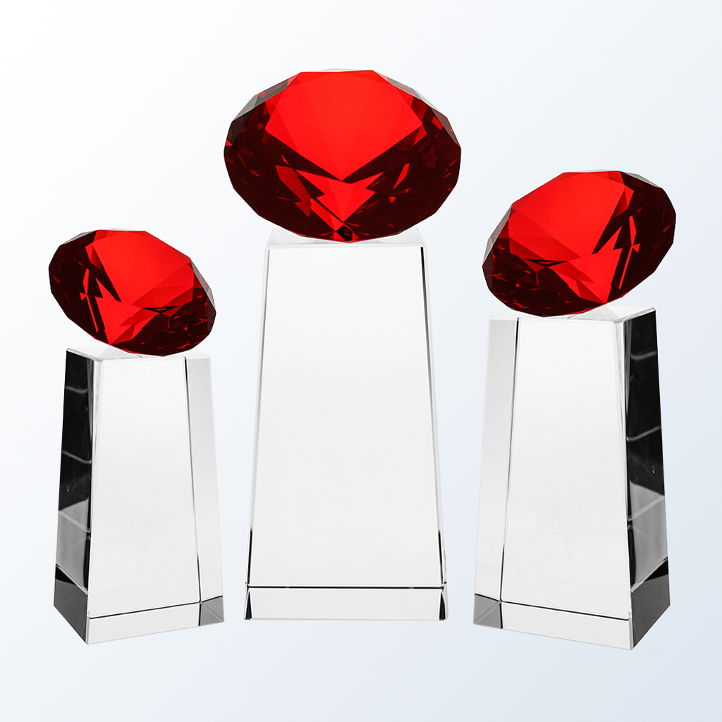 Red Diamond Slant Crystal Trophy with red gem top, glass base; ideal for corporate recognition or achievement awards.