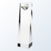 Clear crystal trophy with faceted diamond-shaped top on flat base, ideal for corporate recognition or achievement awards.