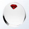Crystal award trophy with clear circular glass, faceted red accent at top, ideal for corporate or employee recognition.