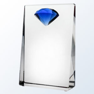 Clear crystal plaque award with blue diamond accent, perfect for corporate recognition or employee achievement.