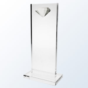 Clear crystal trophy with rectangular glass body, flat base, and diamond accent; ideal for corporate or employee recognition.