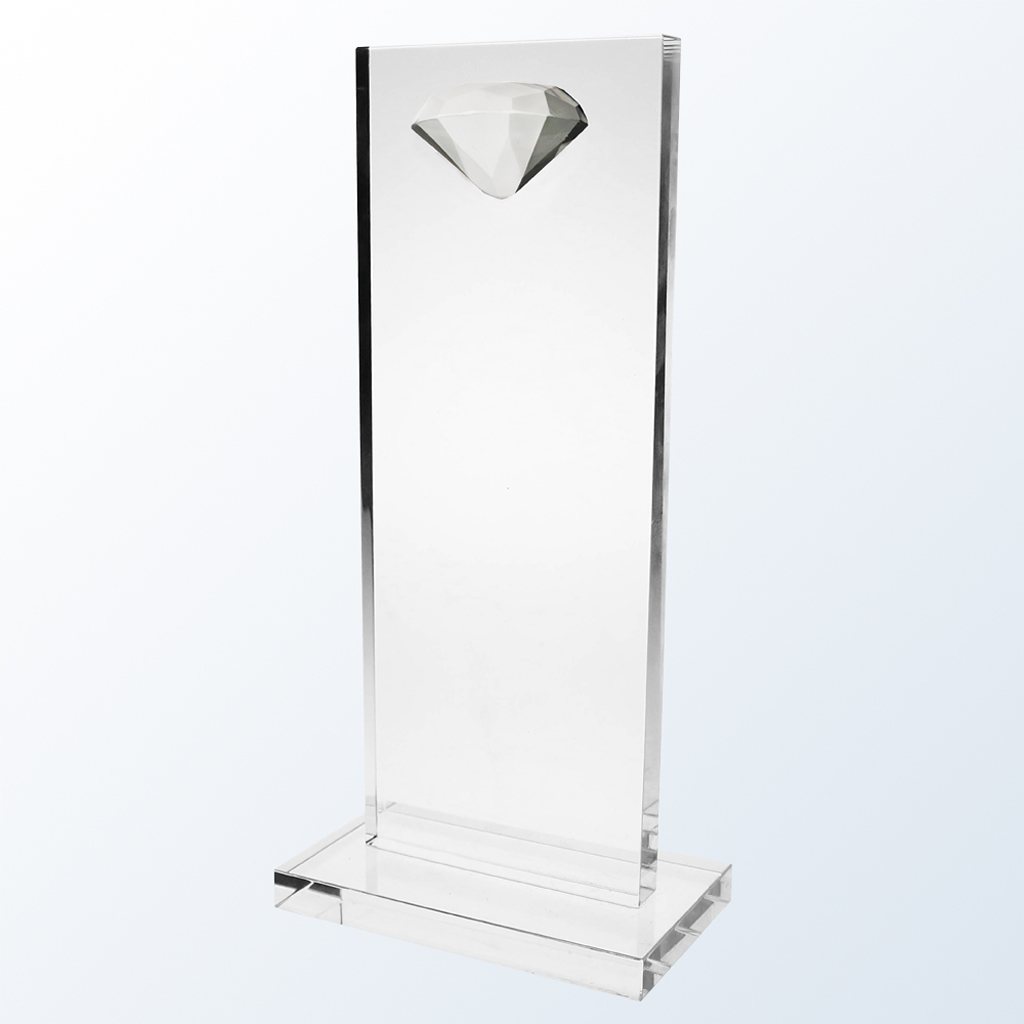 Clear crystal trophy with rectangular glass body, flat base, and diamond accent; ideal for corporate or employee recognition.