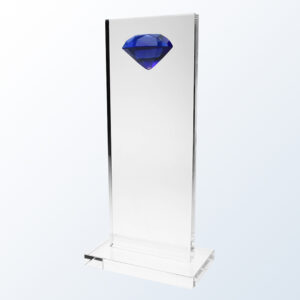 Blue Diamond High-Rise crystal trophy with blue diamond accent on clear base, ideal for corporate or employee recognition.