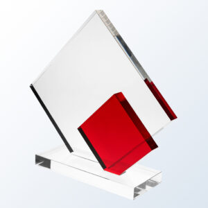 Crystal plaque award with tilted clear square and red accent on glass base, ideal for corporate recognition or milestones.