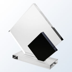 Crystal award trophy with diamond-shaped glass panel and black accent on a clear base, ideal for corporate recognition.