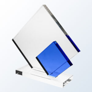 Crystal trophy with clear and blue squares on a rectangular base, ideal for corporate or employee achievement recognition.