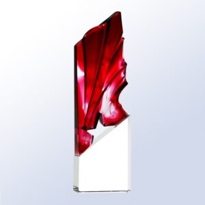 Crystal award trophy with curved red translucent top and clear base, ideal for corporate or employee recognition.
