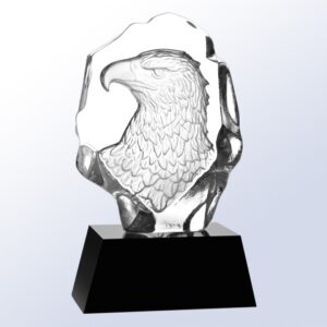 Crystal trophy with sculpted eagle head inside, on black base; ideal for corporate recognition or achievement awards.