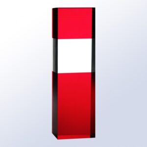 Crystal award trophy with glossy red top and base, white band center; ideal for corporate or employee recognition.