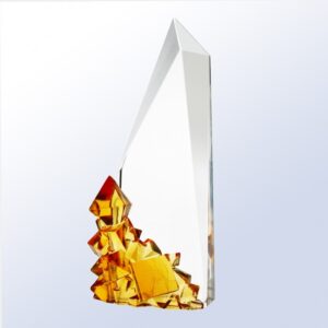 Crystal trophy with sharp edges, gold geometric accents at base, ideal for corporate recognition or achievement awards.