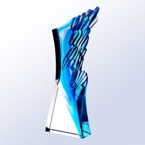 Sapphire crystal trophy with angular lines, clear accents; ideal for corporate achievement or employee recognition awards.