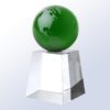 Crystal globe award with North and South America on a glass pedestal, ideal for corporate or milestone recognition.