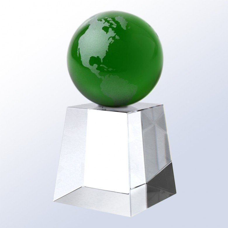 Crystal globe award with North and South America on a glass pedestal, ideal for corporate or milestone recognition.
