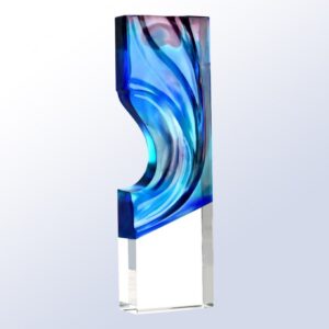 Crystal award trophy featuring blue and purple abstract glass design on a clear rectangular base, ideal for corporate recognition.