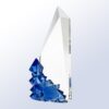 Clear crystal trophy with angular design, blue geometric base, ideal for corporate achievement or milestone recognition.