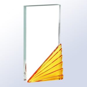 Rectangular crystal award plaque with yellow sunray accent and subtle glow, ideal for corporate or employee recognition.