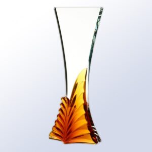 Crystal trophy vase with flared top, amber leaf accent at base; clear glass, ideal for corporate or employee recognition.