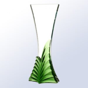 Crystal trophy vase with flared top and leaf pattern base, clear glass, suitable for corporate or employee recognition awards.
