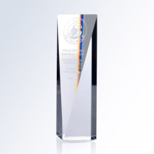 Goldwell crystal trophy with engraved text and circular logo, clear rectangular glass for corporate recognition awards.