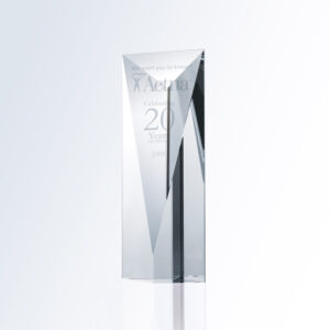 Crystal tower award with beveled edges, Aetna logo, and "Celebrate 20 Years of Service, 2009" engraving on clear base.