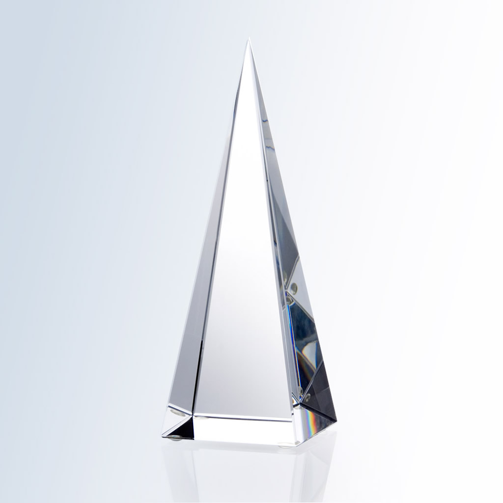 Crystal pyramid trophy with sharp edges on gradient background, ideal for corporate recognition or achievement awards.