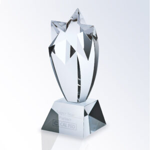 Crystal star award trophy with faceted sides, square base engraved Super Star Partner and CAL FED logo for corporate recognition.