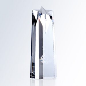Crystal star award trophy with faceted design, pointed top, and engraved front text, ideal for corporate recognition.