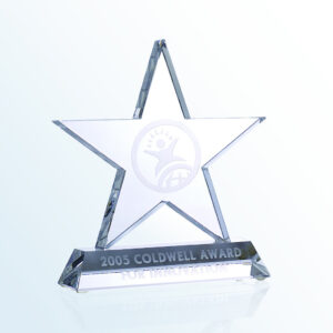 Crystal star award with etched emblem, engraved “2005 Coldwell Award for Innovation”; ideal for corporate recognition.