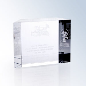 Clear crystal rectangular award plaque engraved with military symbols and tractor, commemorating D-Day, June 6, 1944.