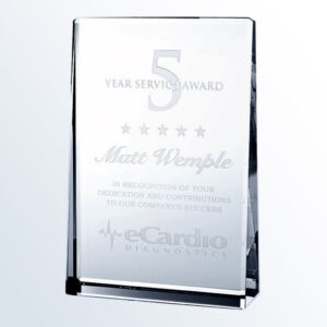 Crystal rectangle plaque engraved for 5 Year Service Award and eCardio Diagnostics, ideal for employee milestone recognition.