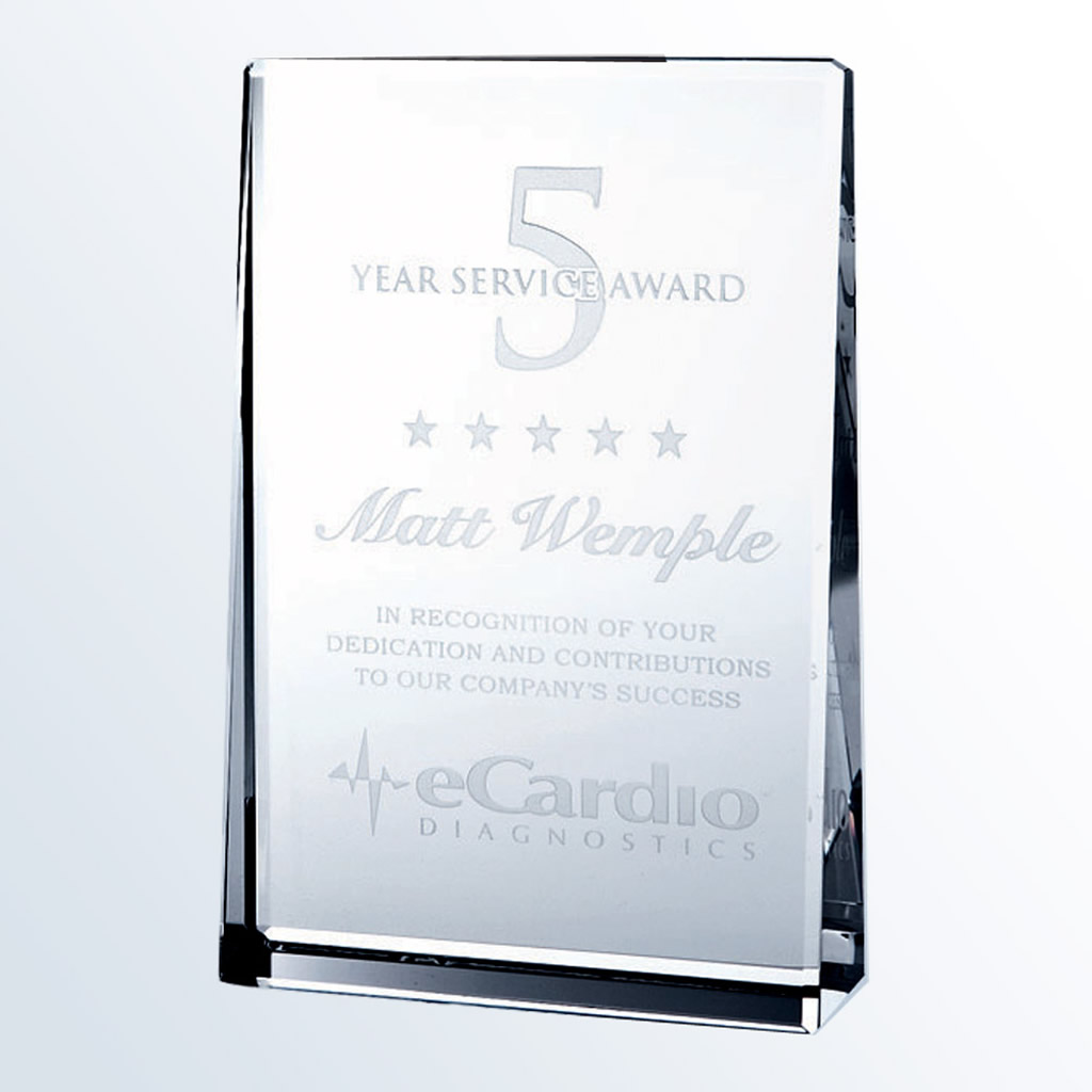 Crystal rectangle plaque engraved for 5 Year Service Award and eCardio Diagnostics, ideal for employee milestone recognition.