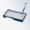 Crystal desk nameplate award with silver pen in holder, sleek glass design for corporate recognition or employee achievement.