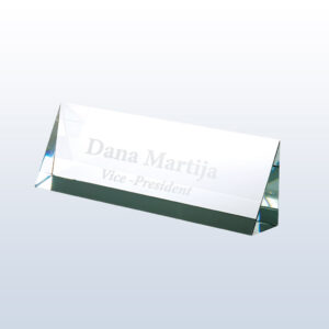 Medium optic crystal nameplate plaque with beveled edges, engraved for Vice-President Dana Martija, ideal for corporate recognition.