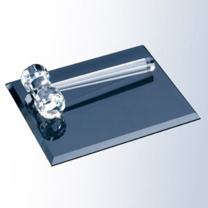 Crystal gavel trophy on matching base, ideal for corporate or employee recognition awards, displayed on reflective surface.