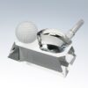 Crystal golf trophy with glass golf ball, club, and tee on faceted crystal base, ideal for corporate achievement awards.