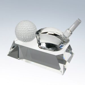 Crystal golf trophy with glass golf ball, club, and tee on faceted crystal base, ideal for corporate achievement awards.