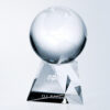Crystal globe award with etched continents, faceted glass tri base, custom engraving for corporate recognition.